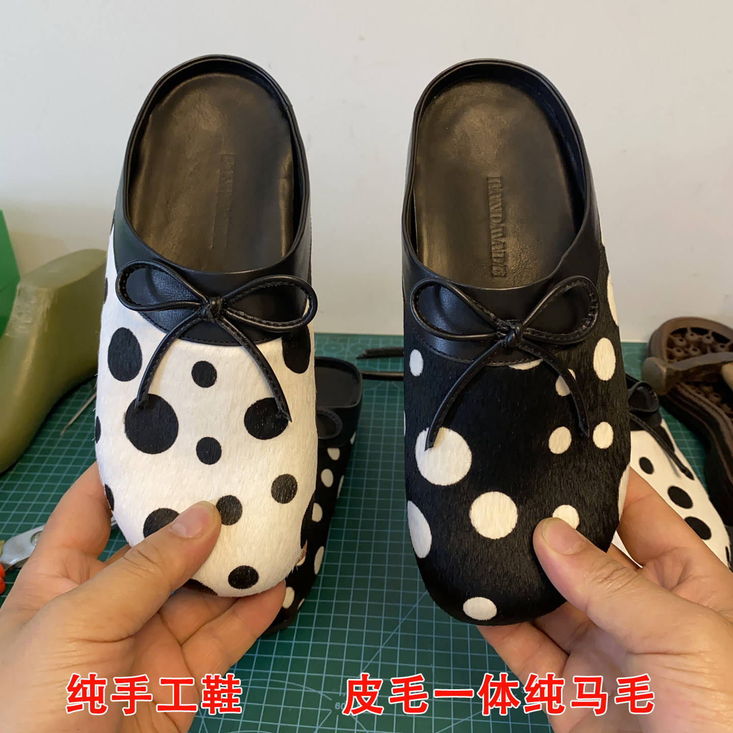 手工真皮马毛波点穆勒厚底博肯包头半拖鞋蝴蝶结懒人鞋外穿凉拖鞋