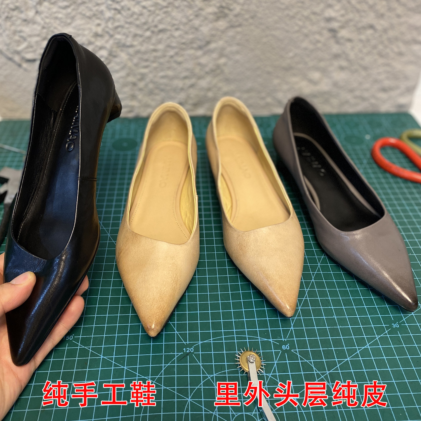 手工水洗牛皮法式气质粗跟尖头中跟浅口单鞋女真皮百搭职业工作鞋