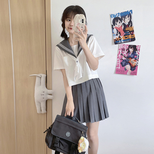 女 樱花家族jk制服 深灰白三本 关西襟替换胸档水手服短袖 夏季