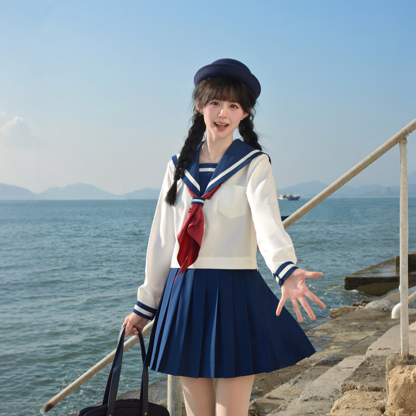 校供感【深湖蓝粗白一本】水手服图片
