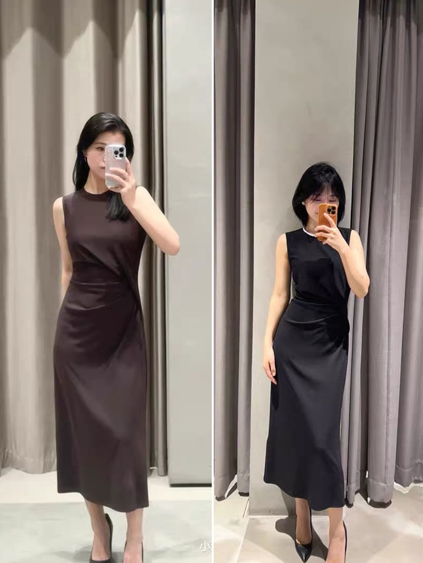 TH女神裙 Y面料 简约圆领皱褶无袖收腰修身中长款连衣裙夏女外贸