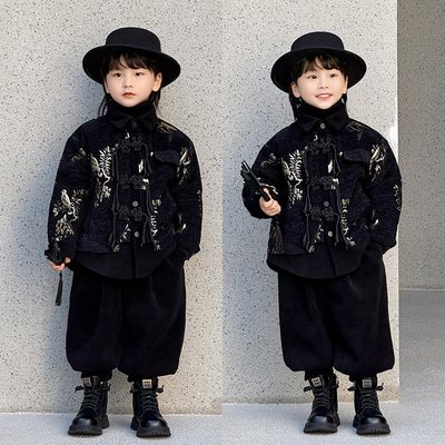 儿童汉服中式国风外套冬季加绒加厚男童唐装复古帅气拜年演出服