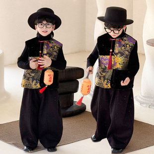 帅气冬装 男童加绒拜年服复古新款 国风套装 儿童汉服马甲新中式