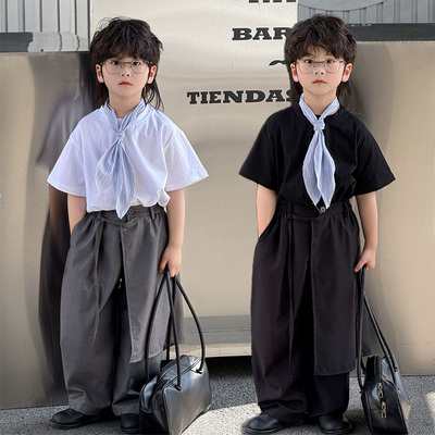 男童礼服套装儿童西装休闲夏季白色t恤男孩西裤时髦洋气走秀表演