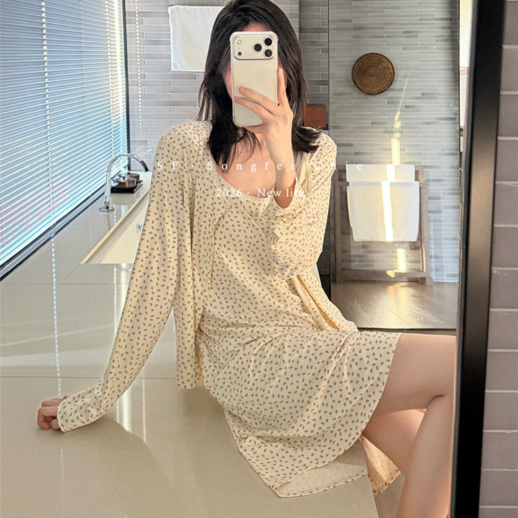 碎花草莓冰丝性感吊带睡裙外搭睡衣两件套带胸垫可外穿家居服