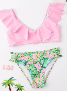 Tropical Floral Girl Swimsuit Kids Ruffle Bikini Set 7-14 Ye