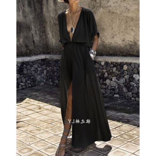deep neck Open fork sexy dress women Long skirt开叉连衣裙女