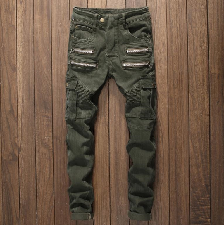 男士军绿色机车弹力修身牛仔裤