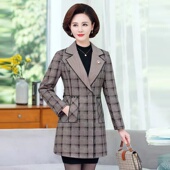 春秋新款 风衣小个子修身 西服外套中年女装 格子时尚 女 中长款 妈妈装