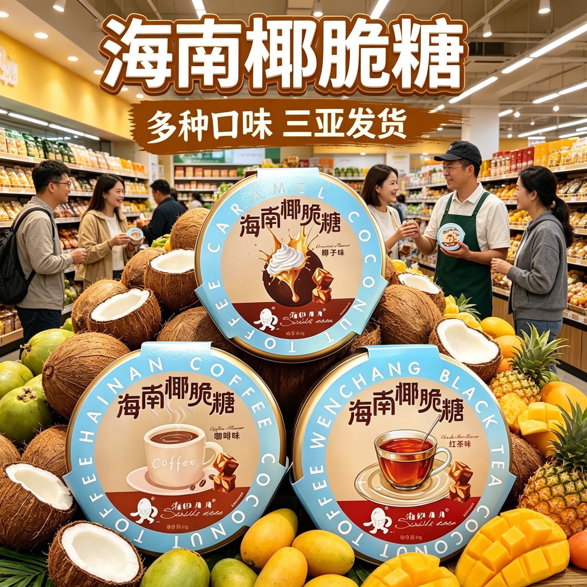 海南特产椰脆糖70g*3盒 海边月月焦糖椰子味红茶味咖啡味伴手礼糖