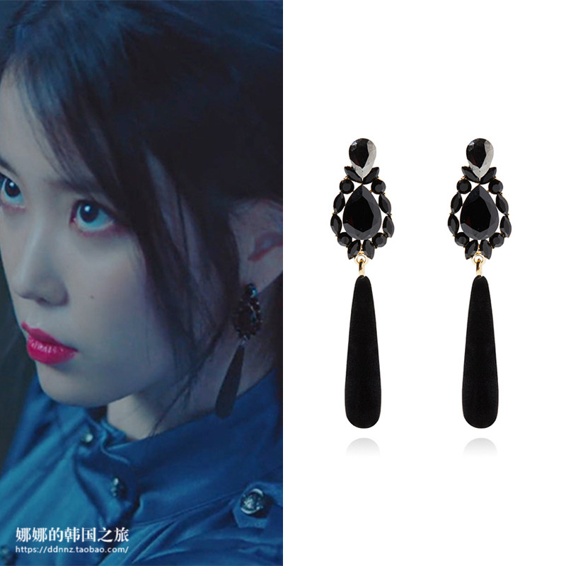韩国get me bling正品代购德鲁纳酒店IU李知恩同款复古黑色长耳环