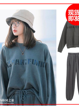 韩国代购INSTANTFUNK正品 Lisa同款灰色圆领休闲字母宽松男女卫衣