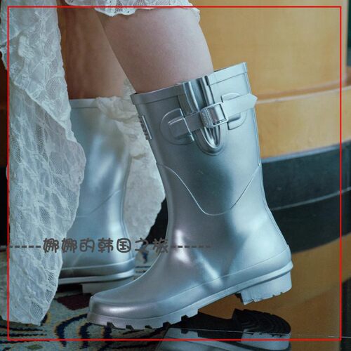 韩国代购rockfish闪亮中筒雨靴 复古经典款 平底简约时尚防滑水鞋