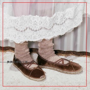 韩国代购rockfish蝴蝶结X绑带丝绒布芭蕾鞋玛丽珍透明底日常单鞋