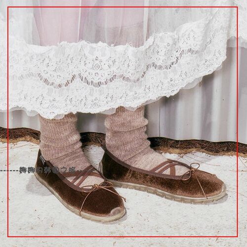 韩国代购rockfish蝴蝶结X绑带丝绒布芭蕾鞋玛丽珍透明底日常单鞋