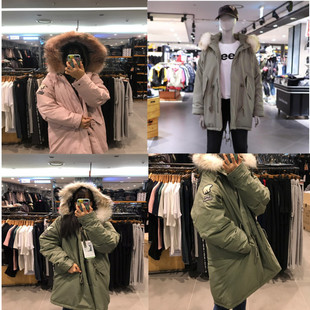 特价韩国代购直邮JEEP专柜工装大毛领加厚长款羽绒服男女保暖
