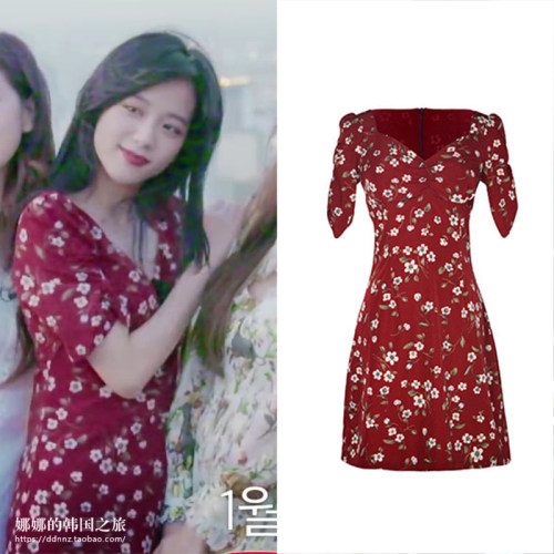 BLACKPINK金智秀同款GUKA韩国代购正品设计师印花碎花短袖连衣裙