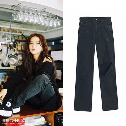 同款韩国宽松破洞阔腿牛仔裤
