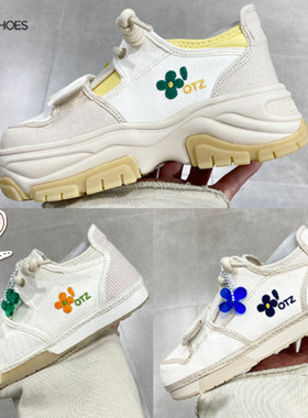 韩国代购otz小花方头鞋拼接21夏棉麻格子增高木屑底丑萌休闲鞋潮