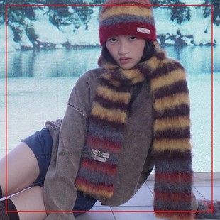 时髦百搭单品 秋冬条纹彩色围巾毛茸茸保暖 韩国代购 rockfish