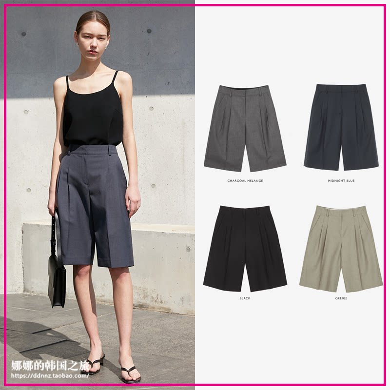 韩国代购Dunst for WOMEN正品20夏压褶休闲宽松五分裤西裤中裤女