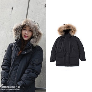 特价韩国PANCOAT代购17冬男女情侣款厚实保暖连帽毛领羽绒服