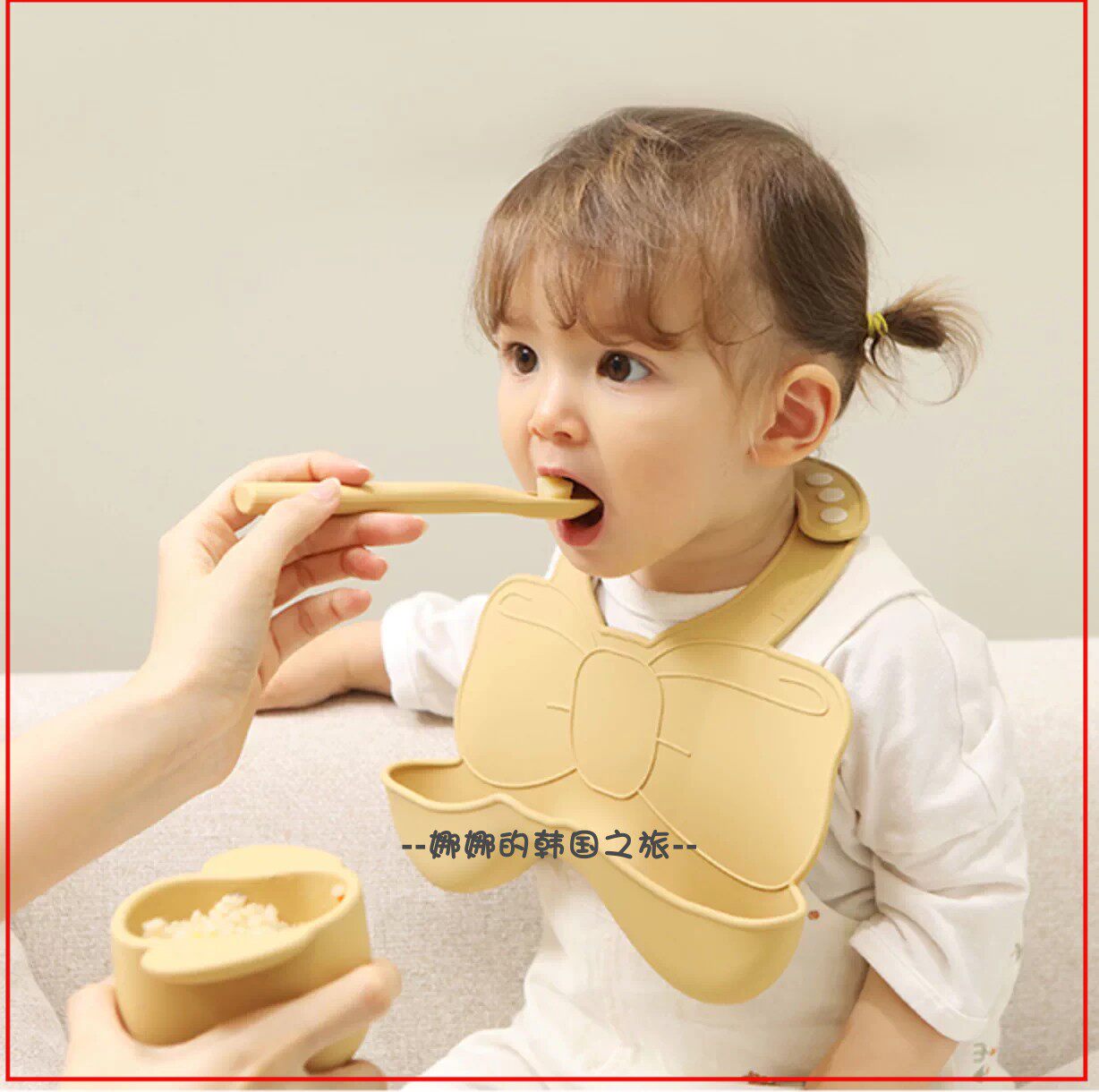韩国代购ROCOU新款花瓣围兜辅食碗勺子套装宝宝米粉硅胶碗无异味