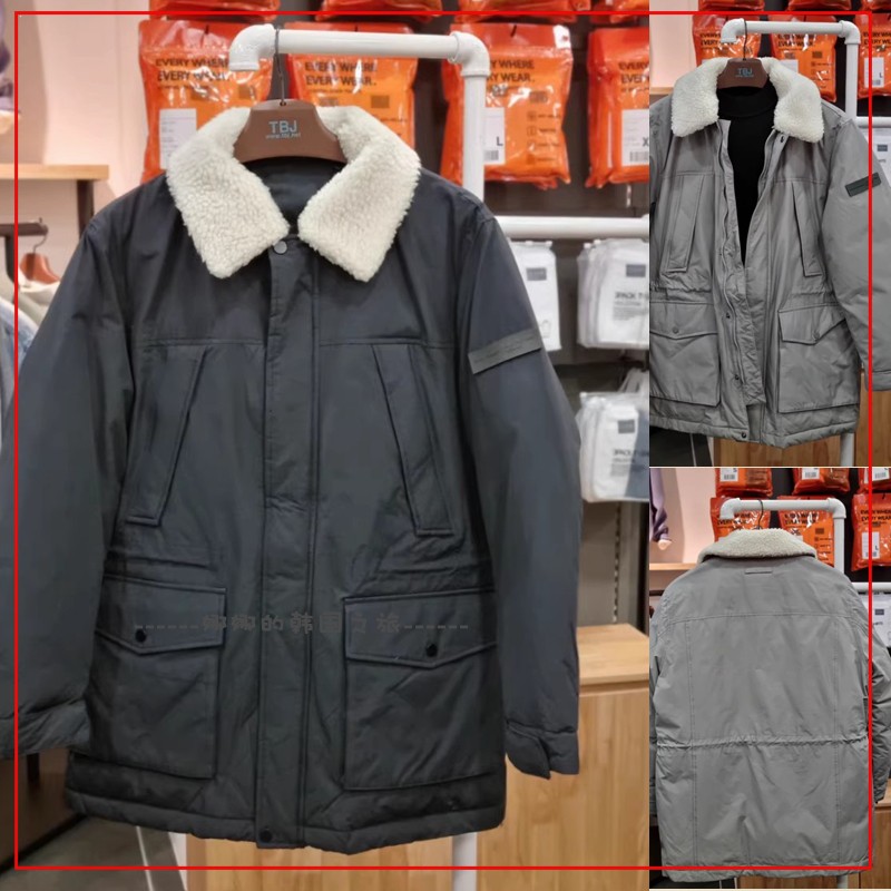韩国代购TBJ羊羔绒毛领收腰工装男款鸭绒羽绒服长款 T204DW110P