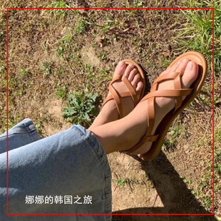 韩国代购PIER4郑秀晶同款小众编织罗马鞋平底舒适百搭凉拖凉鞋