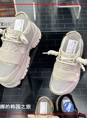 韩国代购直邮 OTZ 新款小花木屑底格子拼接休闲厚底丑萌鞋方头鞋