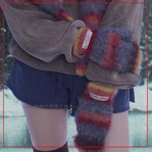 韩国代购rockfish茸毛条纹针织连指手套毛绒甜妹彩色复古时髦保暖