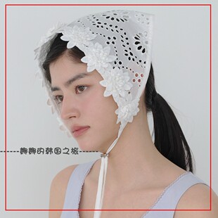 韩国代购rockfish 三角方形头巾围巾白色花朵蕾丝镂空 少女感时尚