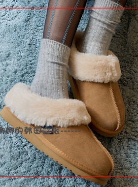 韩国代购rockfish 新款一脚蹬雪地靴拖鞋 保暖舒适少女毛毛半拖鞋