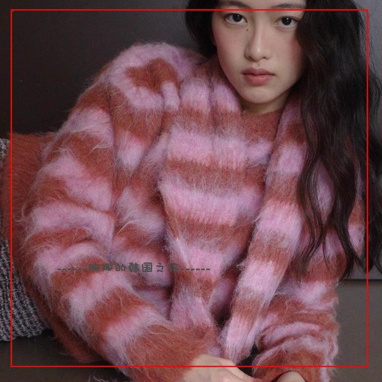 林韩国代购rockfish女装上衣秋冬彩色条纹毛衣圆领长茸毛甜美可爱