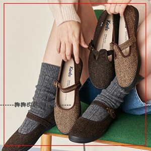 韩国代购keds 粗花呢棕色玛丽珍芭蕾鞋 复古风低帮软底单鞋妈妈鞋