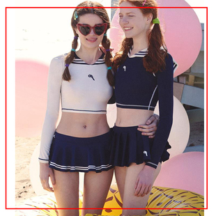 韩国代购ROLAROLA正品21夏海军风长袖露腰防晒女温泉度假分体泳衣