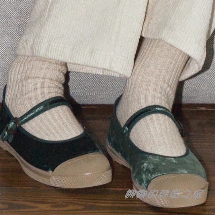 韩国代购bensimon秋冬丝绒布复古玛丽珍芭蕾鞋低帮软底日常单鞋