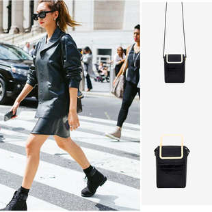 设计师品牌 EENK 韩国代购正品直邮 16秋牛皮方形金属提手单肩包