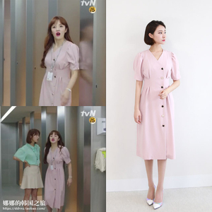 收腰韩剧腰v领连衣裙女