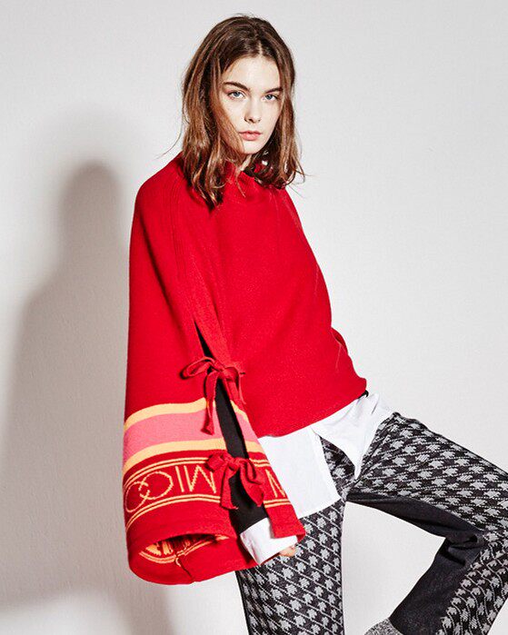 韩国代购设计师潮牌mimicAWE蝴蝶结绑带喇叭袖斗篷式半高领针织衫