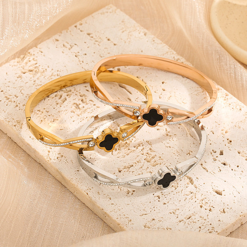 跨境亚马逊希音简约时尚幸运四叶草满钻钛钢手镯女轻奢厂家,饰品/流行首饰/时尚饰品新,手镯,淘宝优惠券,粉丝福利购,淘宝优惠卷