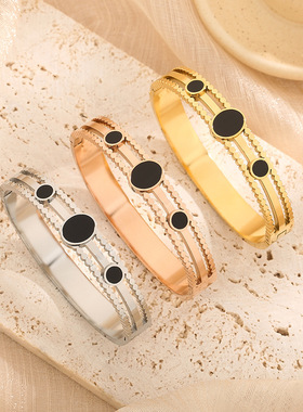 欧美时尚个性钛钢手镯镶钻圆黑片钛钢气质手简约百搭复古手镯手饰