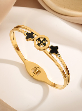 韩版黑贝四叶草钛钢对钻手镯女