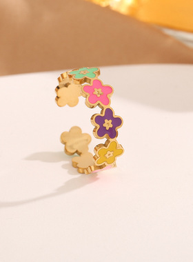 跨境不锈钢饰品清新甜美彩色笑脸花朵开口可调节钛钢戒指女手饰