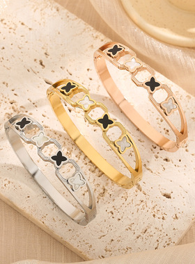 欧美时尚四叶草钛钢手镯女不掉色黑白双色镂空手环不锈钢手饰