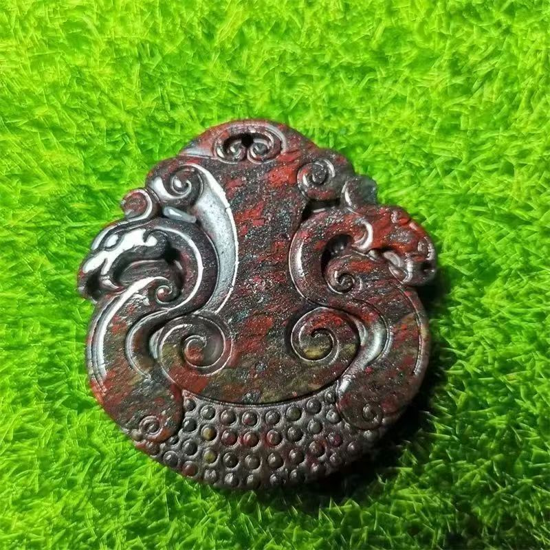 天然原石鸡血玉龙凤呈祥吊坠男高端鸡血石平安牌玉石项链挂件挂坠