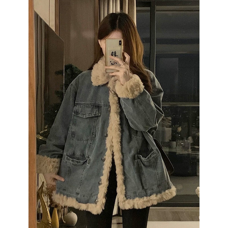 EV·女装2026新款韩系复古慵懒休闲羊羔毛牛仔外套女高级感棉服女