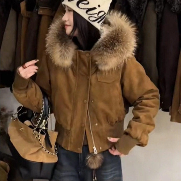 复古毛领连帽加绒麂皮厚外套女2026秋冬新款修身短款夹克棉服上衣