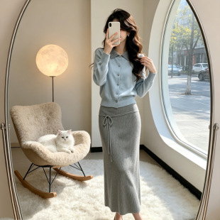 秋冬气质两件套女撞色假两件翻领针织开衫减龄显瘦半身裙时尚套装