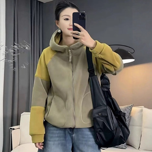 欧货时尚休闲新款外套女百搭宽松韩版连帽拼接撞色绒感卫衣开衫